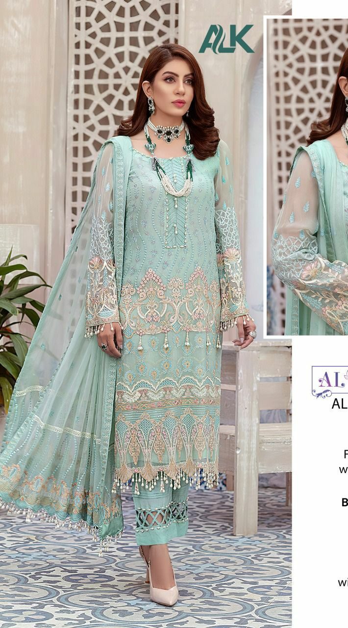 Aqua Blue Pakistani Designer Pant Style Suit - Vasu Sarees - 4088723