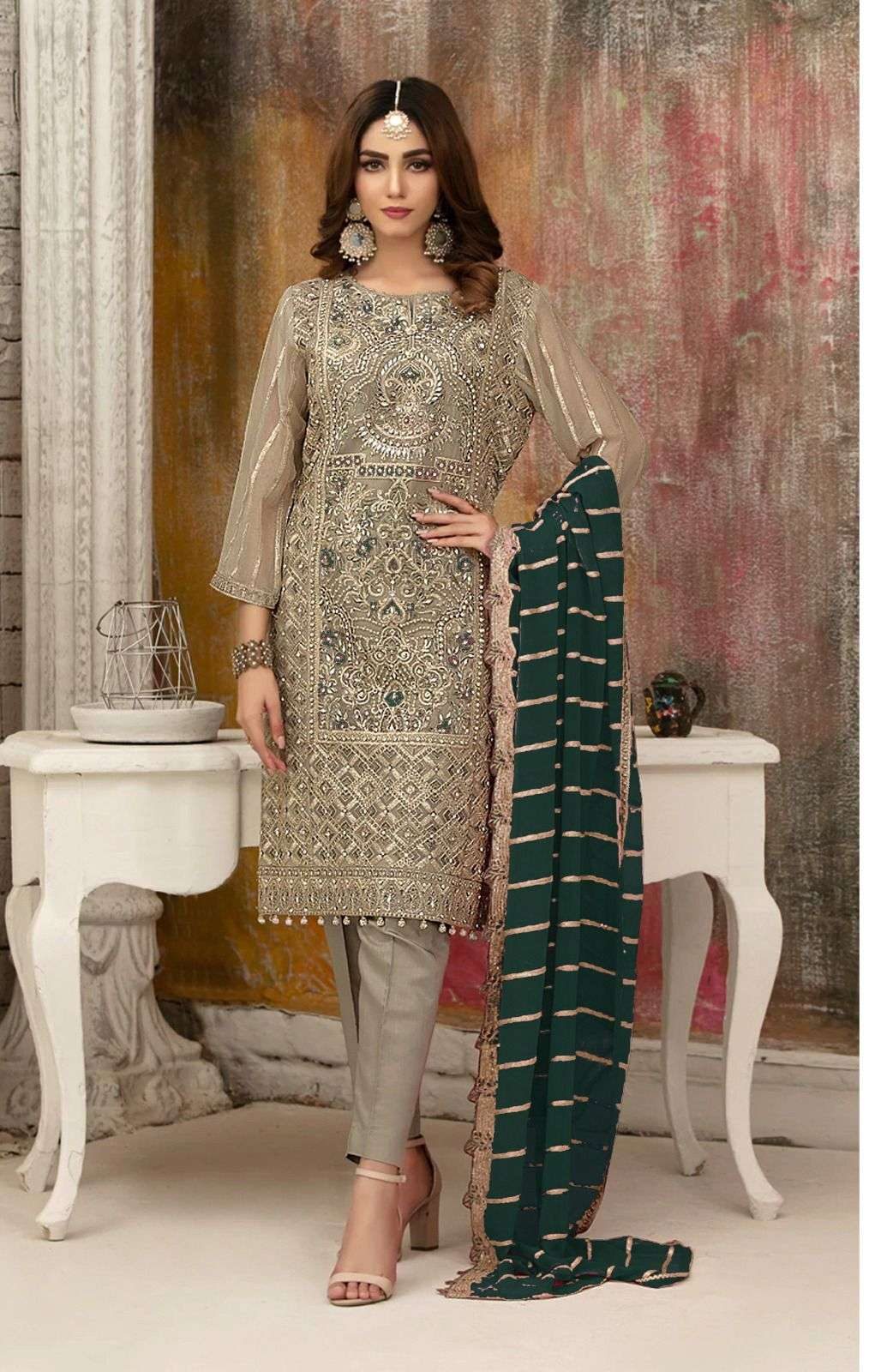 Fepic C-1216-E Rosemeen Green Semi Stitched Faux Georgette Pakistani Suit