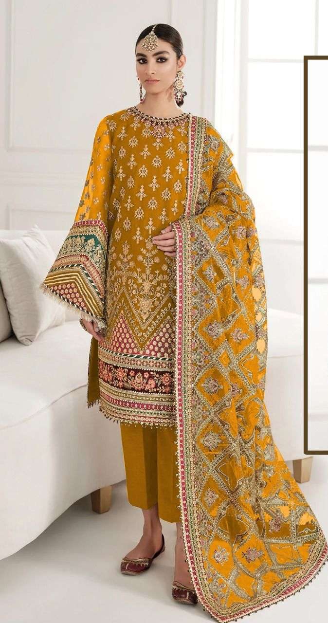 Yellow Embroidered Pakistani Style Pant Suit In Georgette Latest 4520SL01