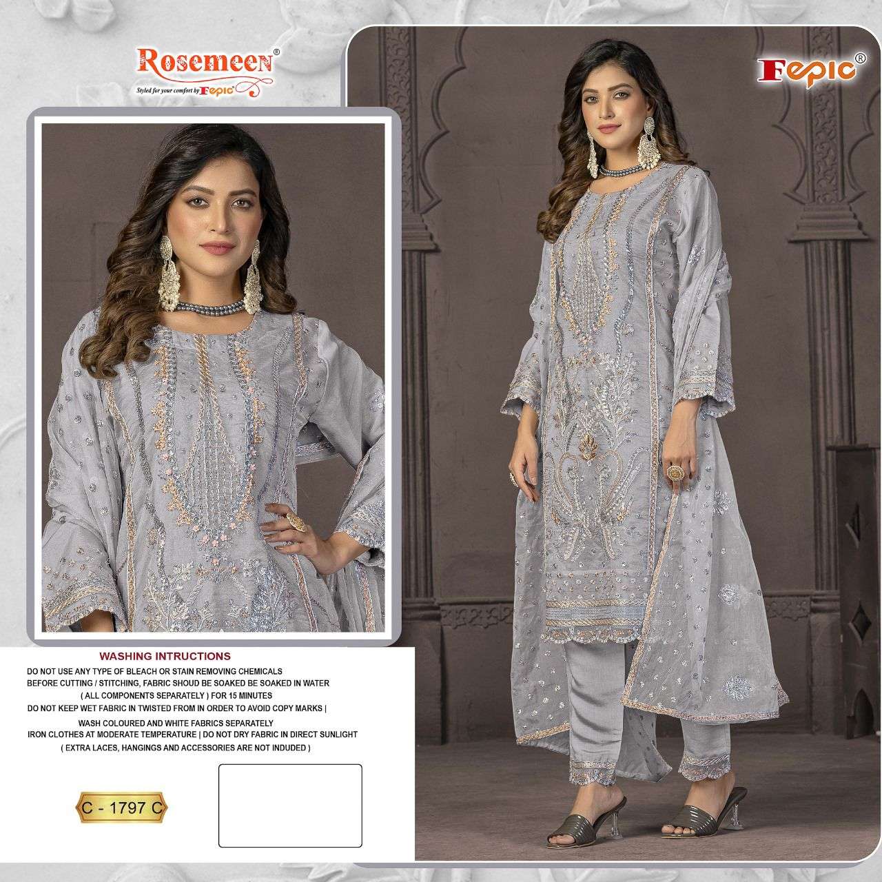 Fepic C-1797-C Rosemeen Grey Semi Stitched Organza Embroidery Pakistani  Dress