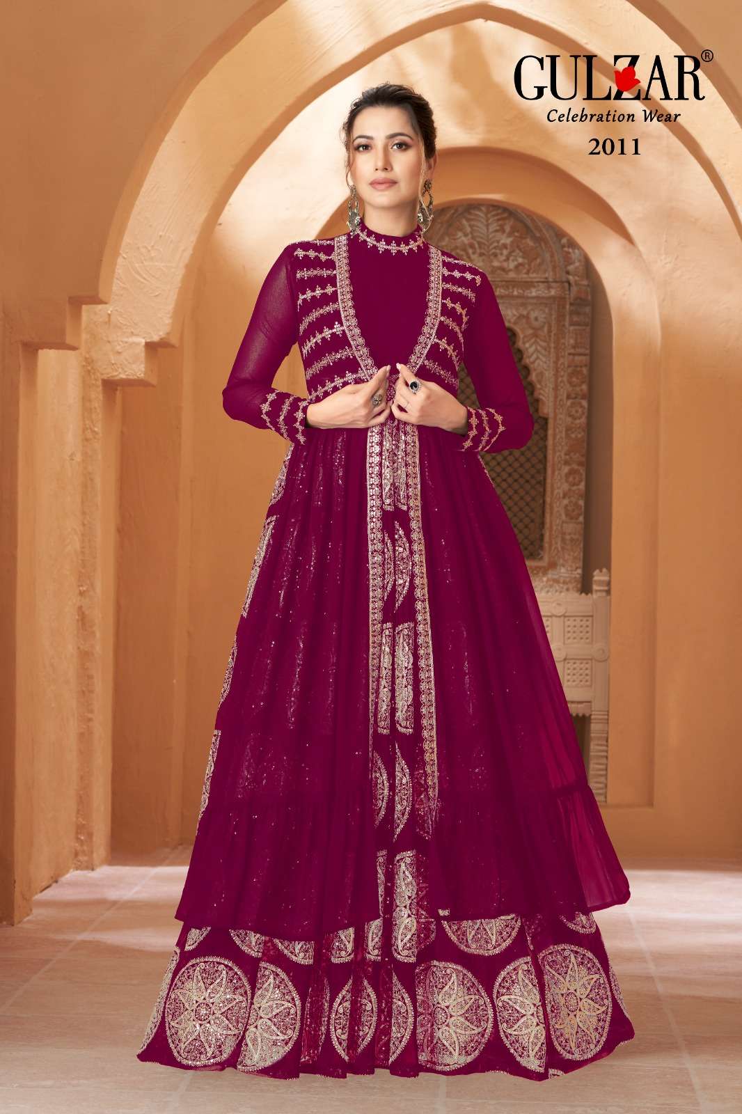 Maroon color satin banglory heavy embroidery work semi stitch gown -  StyleArray.com -Style Array