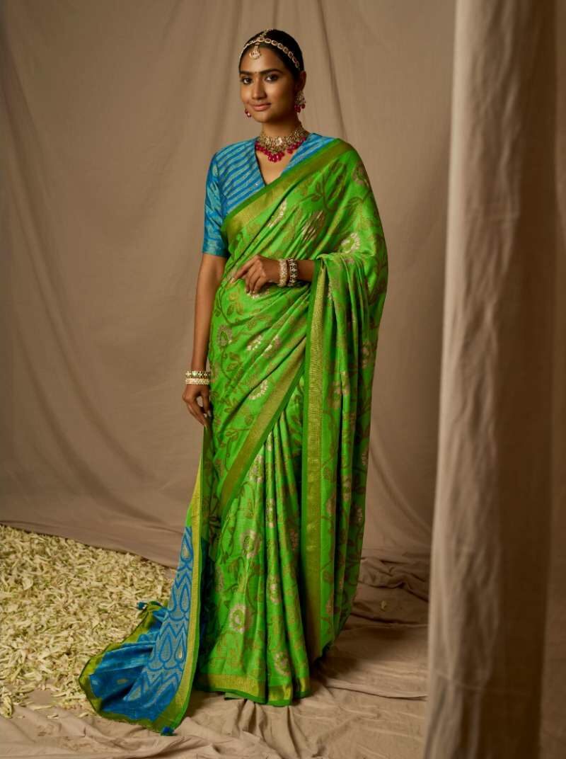 Green Soft Silk Saree with Running contrast blouse with green color | Soft  silk sarees, Silk sarees with price, Saree designs