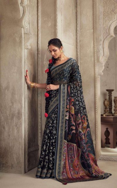 Kimora 17008 Meera Premium Vol 13 Black Unstitched Designer Brasso Saree scaled e1701079732575