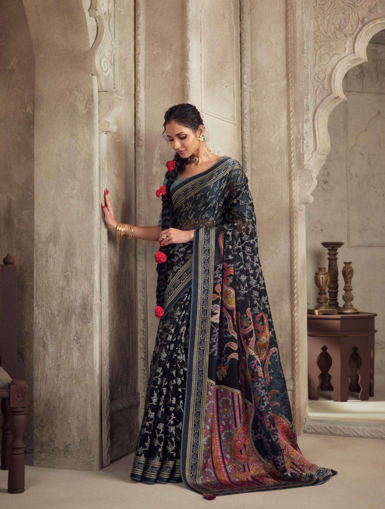 Blue Brasso Saree With Weaving – Bahuji - Online Fashion & Lifestyle Store