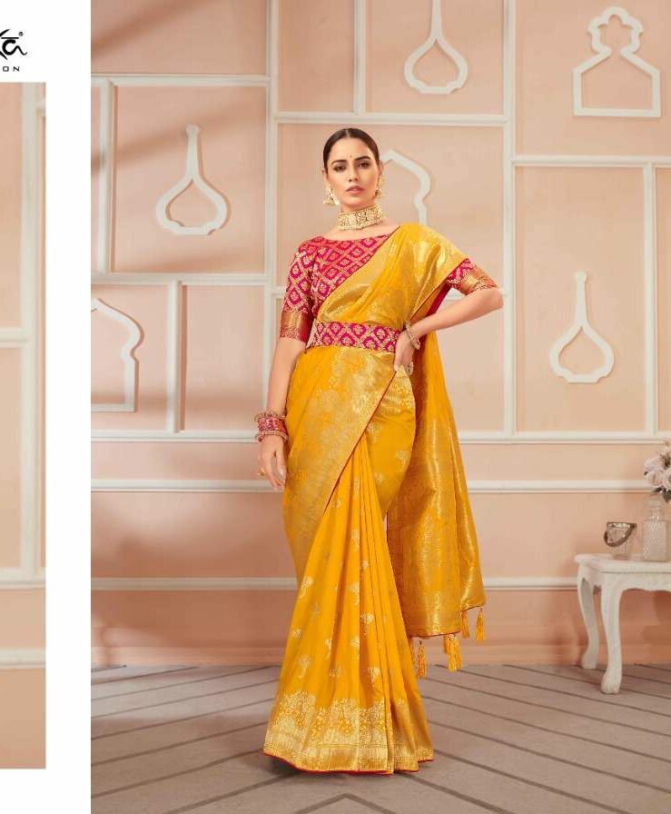 Mustard Yellow Tussar Silk Saree with Ikkat and Meena Border