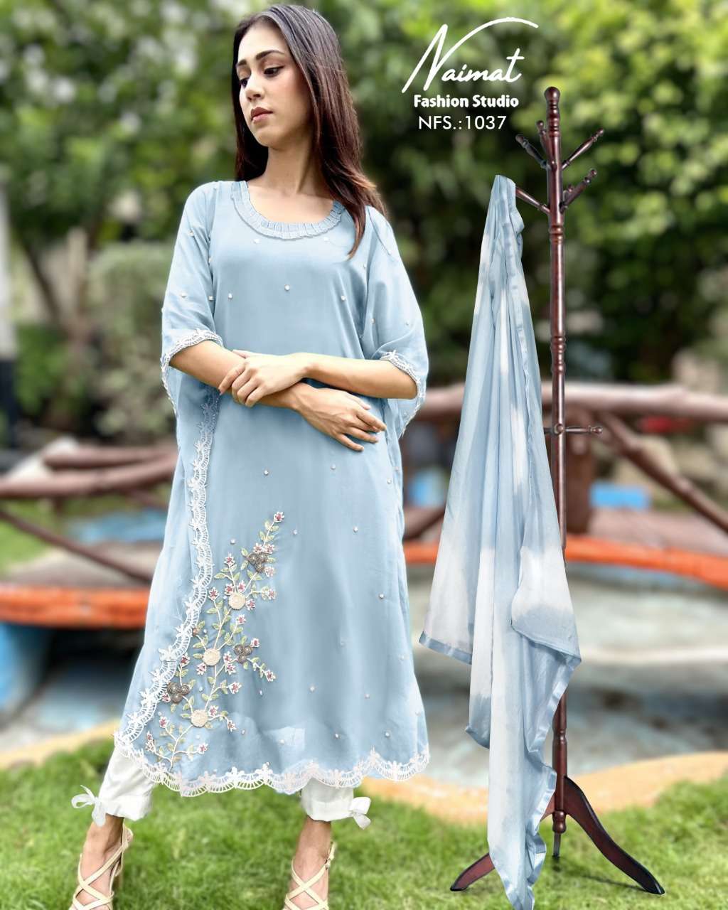 Sky Blue Kurti Design, Sky Blue Pakistani Suit