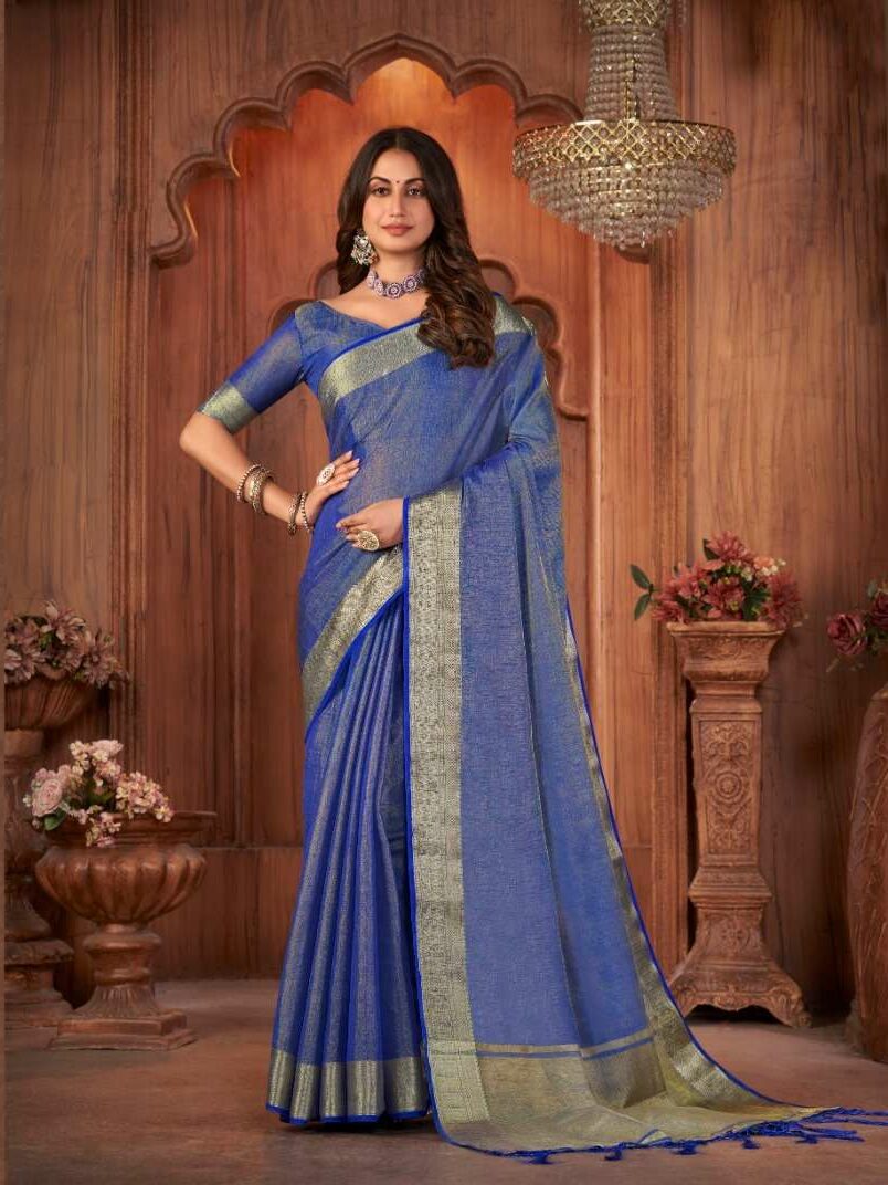 Linen Silk Sarees with Gold and Silver Zari Jaal Weaves all over, craf –  Womenyaa