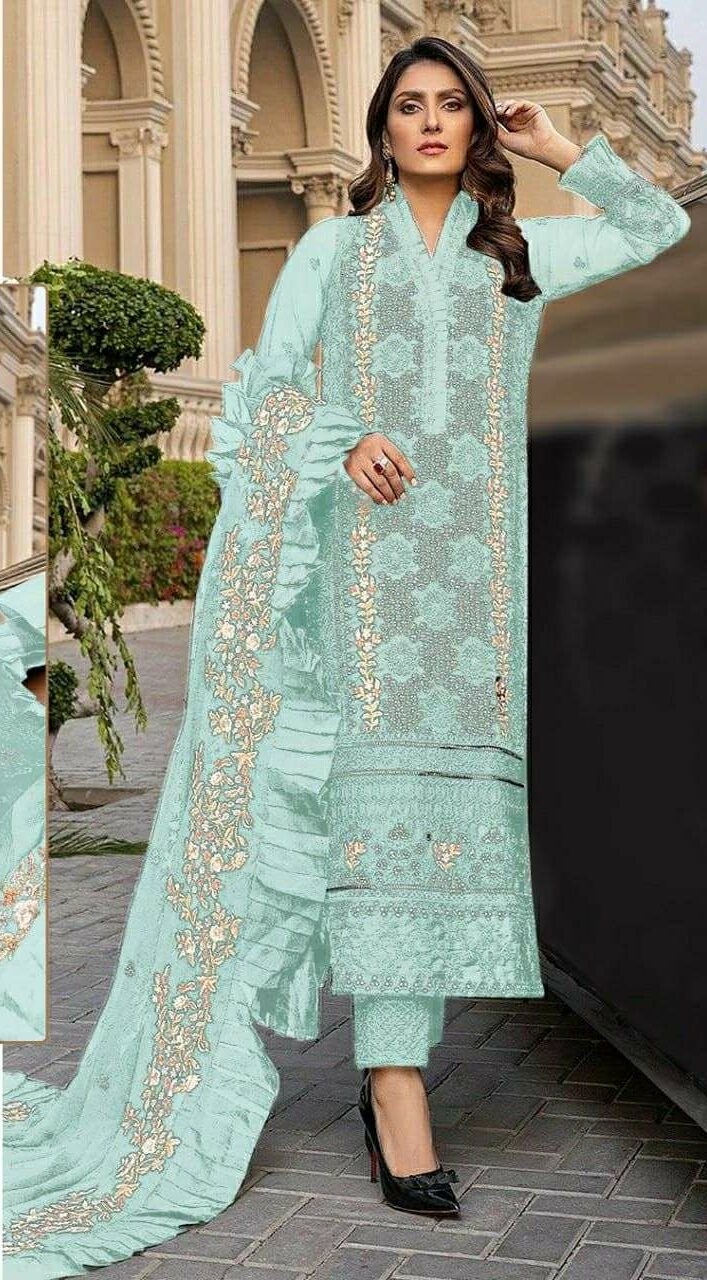 Sky Blue Net Embroidered Designer Pakistani Suit - Zoharin - 3211664