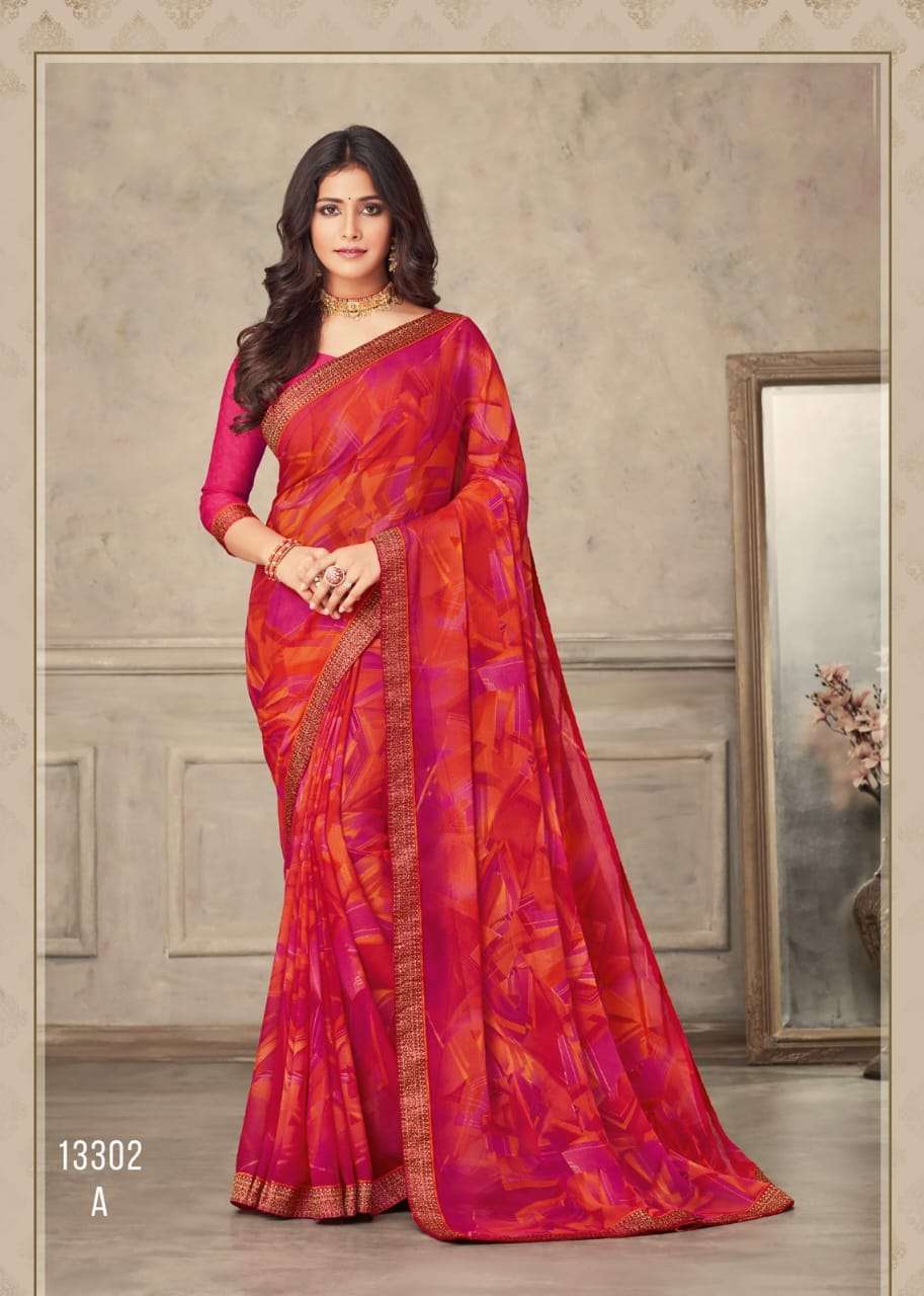 Red Shimmer Chiffon Saree With Blouse 250320