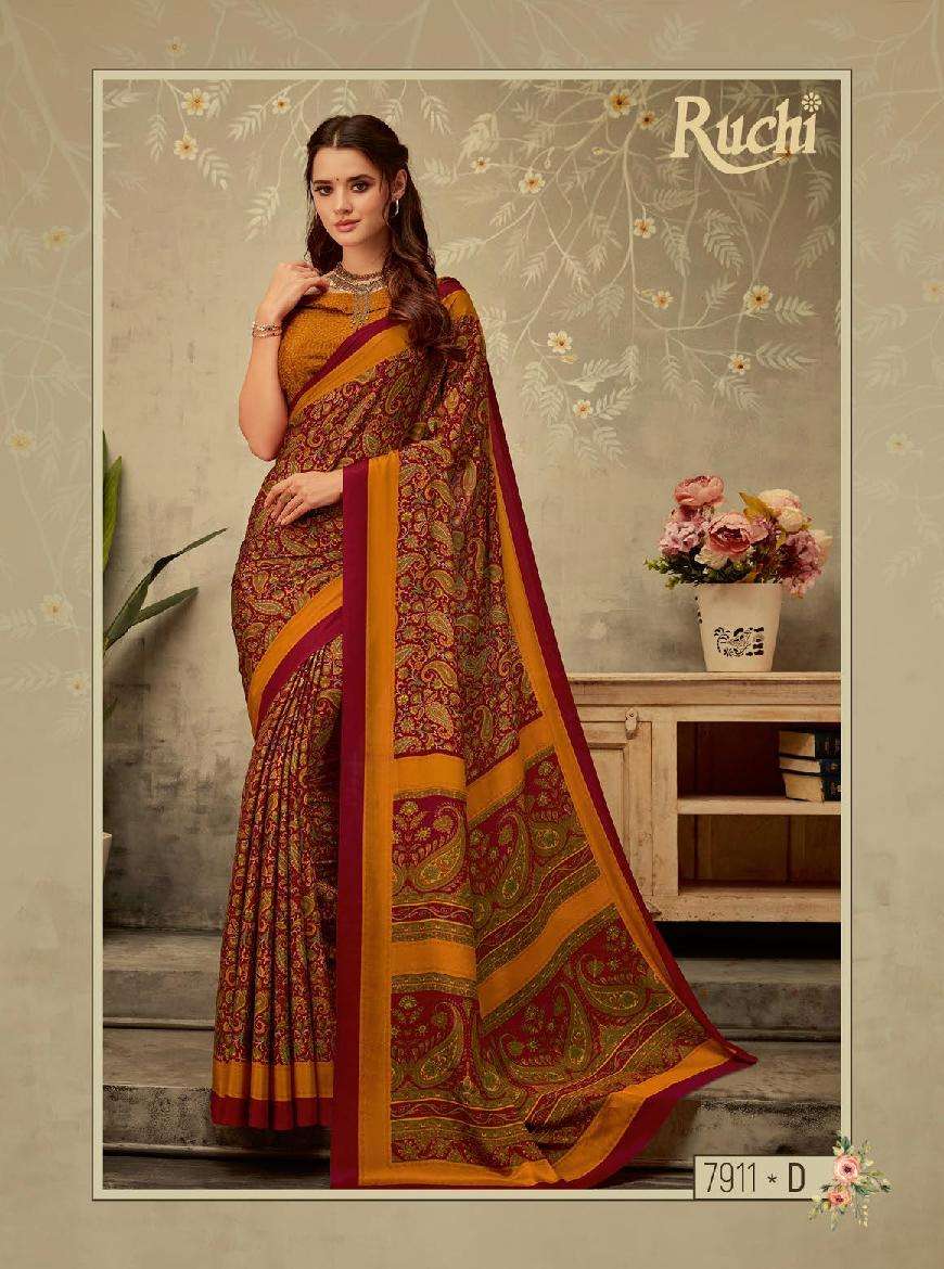 Yellow Gold Green Small Print Premium Italian Silk Crepe Saree For Hot–  Uniform Sarees