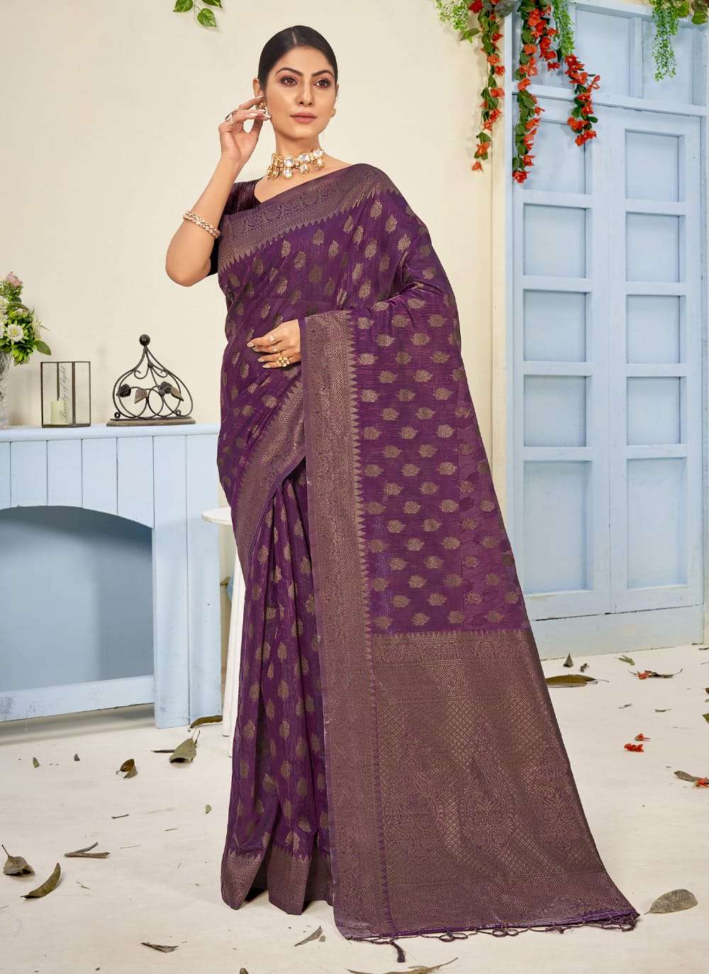 Sangam Prints 3348 Royal Purple Unstiched Cotton Saree