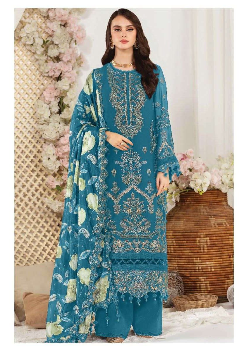 Saniya Trendz St-7031-B Blue Semi Stitched Faux Georgette Pakistani Dress