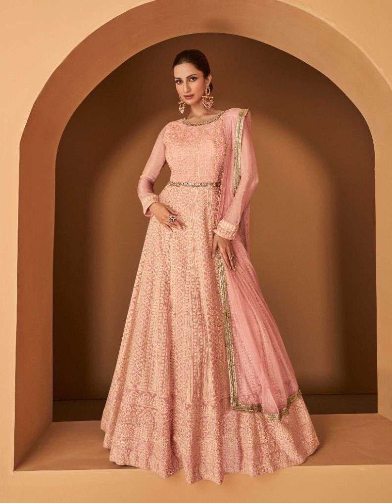Buy Powder Peach Anarkali Suit With Abla Work In Geometric And Floral  Pattern Online - Kalki Fashion