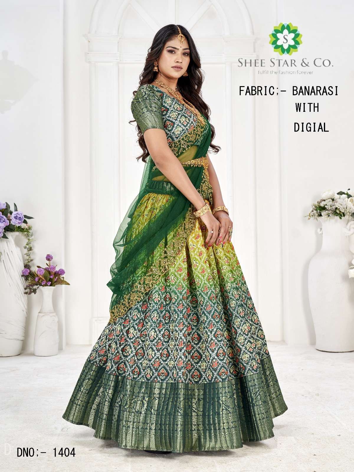 Shee Star & Co 1405 Green Semi Stitched Banarasi Lehenga