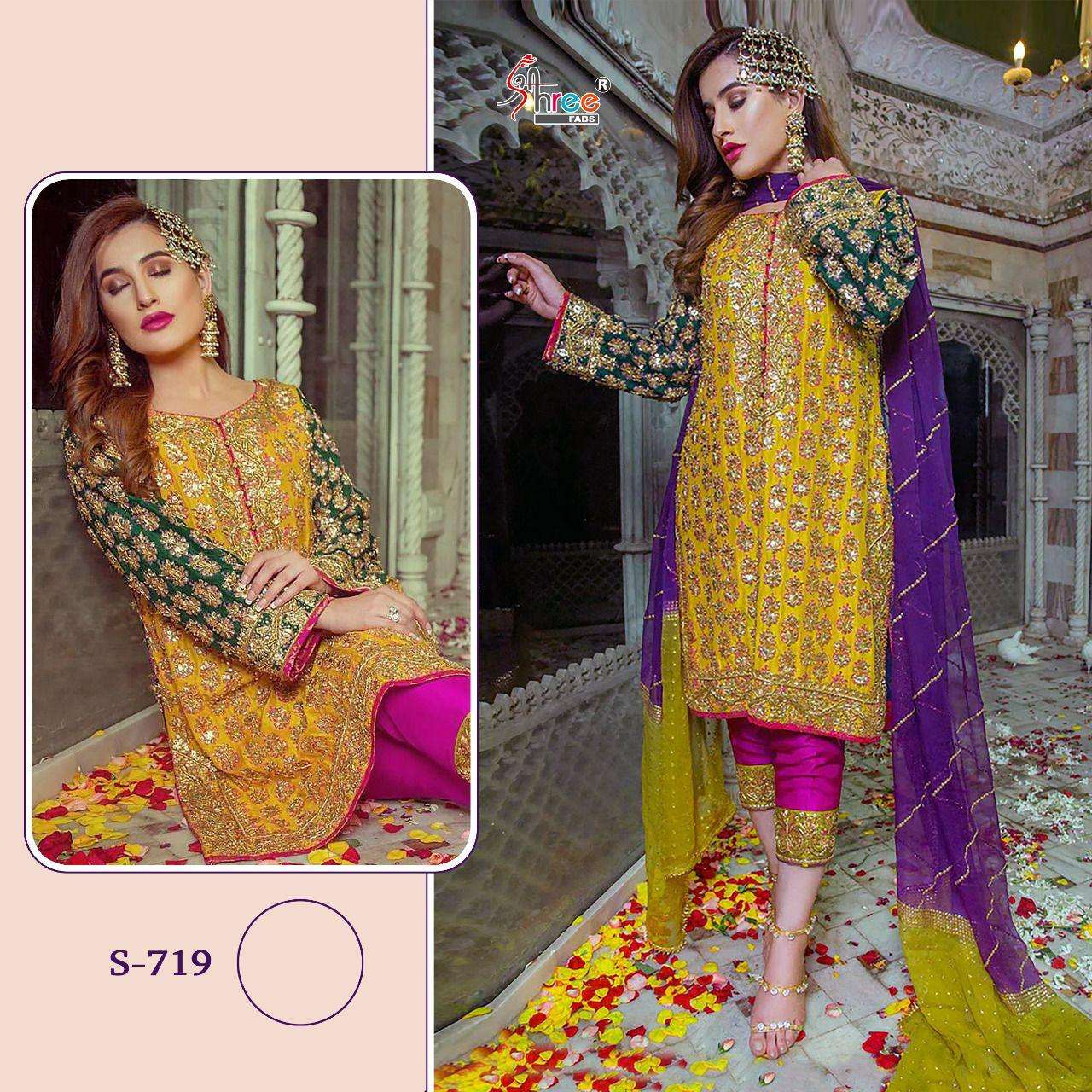 Shree Fabs R-1200-B Yellow Full Stitched Heavy Organza Embroidery Pakistani  Dress