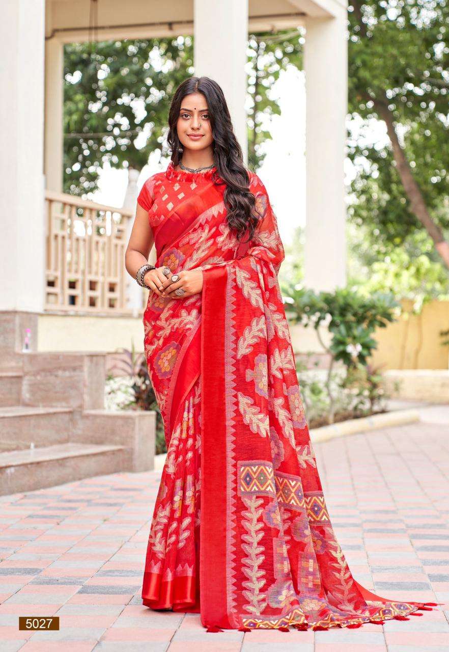 Vishal Prints Pastel Red Printed Brasso Saree With Fancy Border