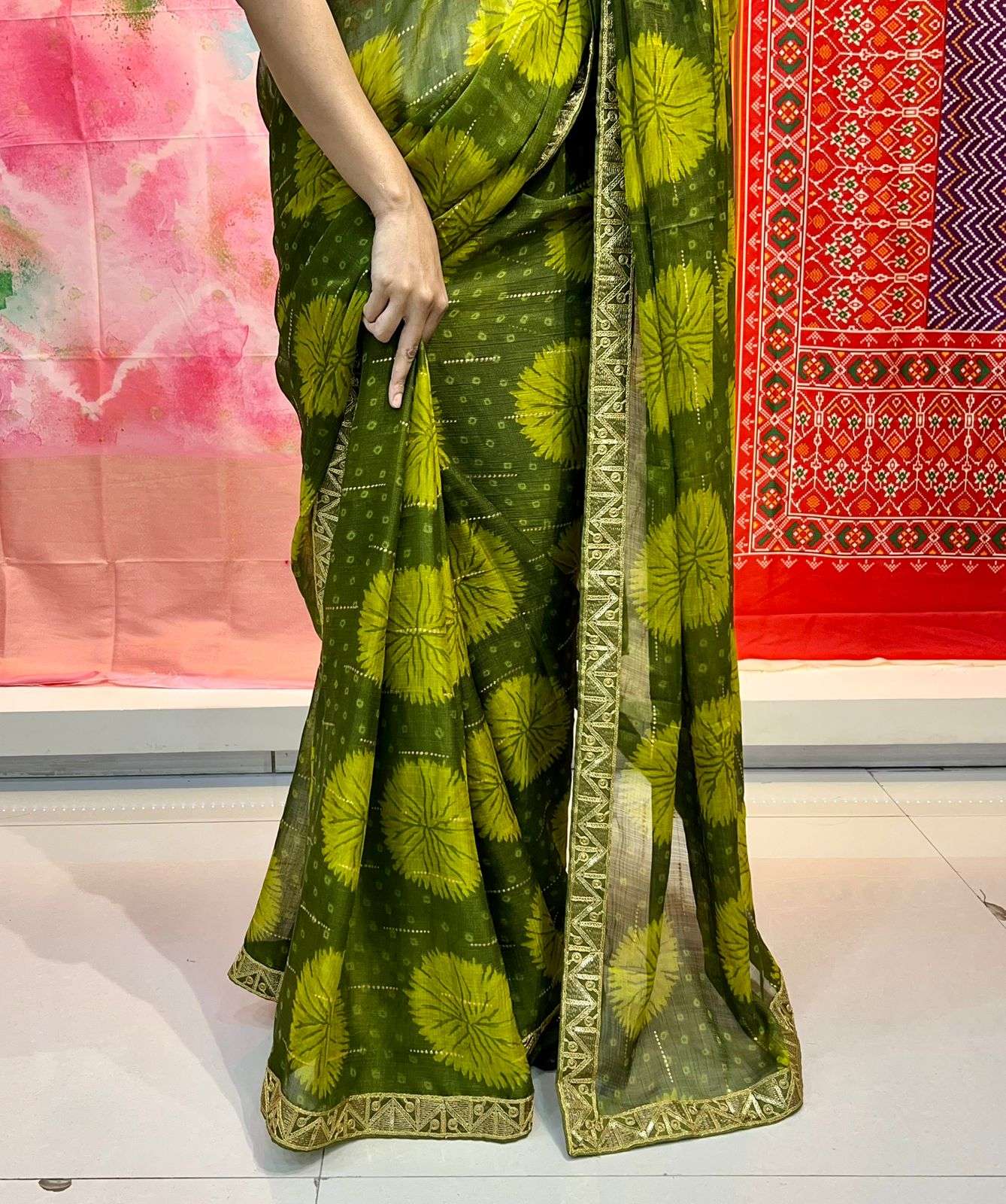 Stavan 01 Gerua Green Unstitched Fancy Chiffon Saree