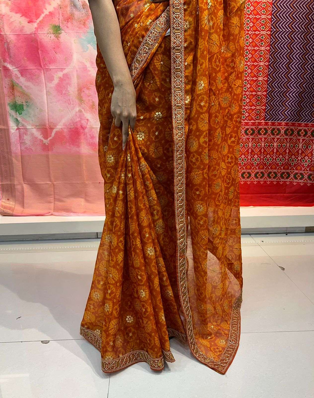 Stavan 04 Gerua Orange Unstitched Fancy Chiffon Saree