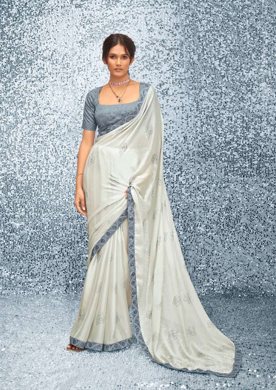 White printed chiffon saree with blouse - Glamrack - 4149230