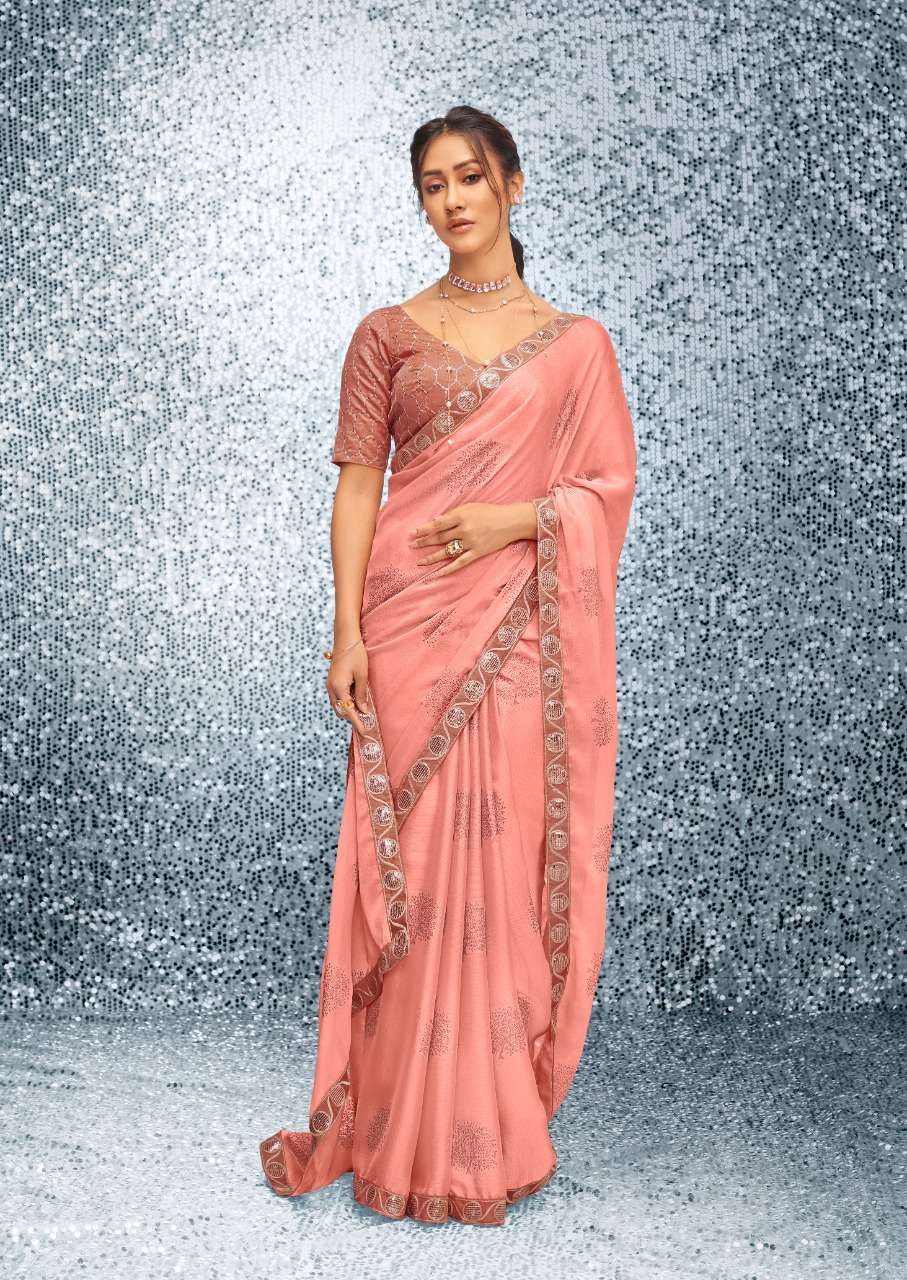 Buy Swtantra Saffron Peach Paisley Gold Design Chiffon Saree online