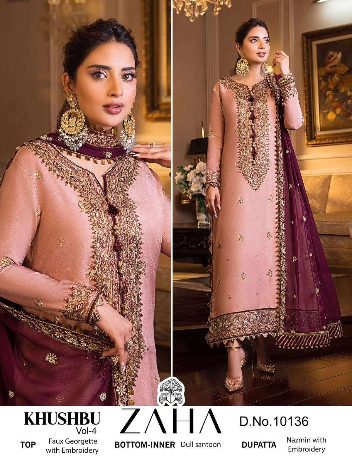 Zaha 10136 Khushbu Vol-4 Pink Semi Stitched Georgette Pakistani Suit